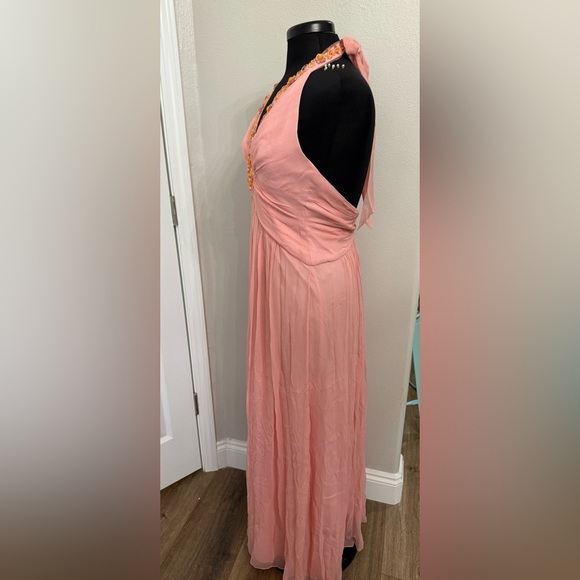 Y2K BCBGMAXAZRIA PINK ICE SILK BEADED PLEATED HALTER FORMAL GOWN SIZE 6 PROM - Picture 5 of 7